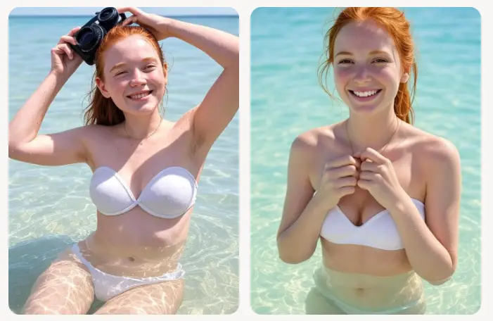 Chica pelirroja en bikini en playa