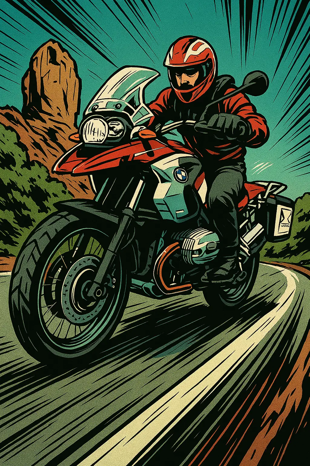 Dynamic comic-style illustration of a rider on a [BIKE MODEL], dramatic low angle with exaggerated front tire perspective, speeding through a [SCENERY BACKGROUND], [COLOR PALETTE] with bold shadows and inked outlines, motion streaks and graphic lines enhance the frame, cinematic composition with extreme foreshortening, stylized high-contrast aesthetic, graphic novel atmosphere, action-packed energy.