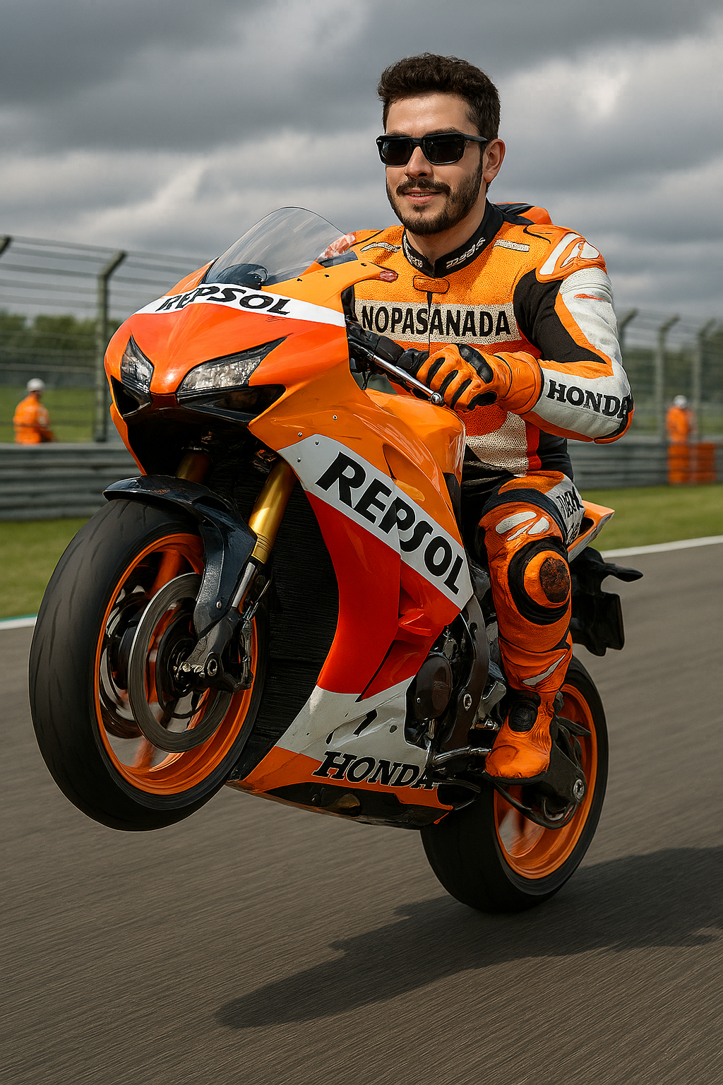 Un render 3D de alta resolución y ultra-realista de un joven corredor de motocicletas (basado en el selfie subido), realizando un caballito dramático en un circuito de carreras profesional. Lleva un traje de carreras Honda Repsol de cuerpo completo con acentos naranja y rojo etiquetados como "NopasaNada" y "HONDA", junto con guantes naranjas, botas de carrera y elegantes gafas de sol envolventes. Monta una elegante superbike naranja y roja de gran tamaño (como una Honda repsol) que se ve potente y proporcionalmente más grande que el motorista, con una marca visible. El fondo incluye una pista de carreras con vallas, hierba verde, desdibujo de movimiento en las ruedas y varios mariscales de carreras en trajes de seguridad naranja parados cerca de las barreras. La escena tiene una atmósfera dinámica y cinematográfica, con cielos nublados por encima. Mantén los rasgos faciales precisos de la selfie y asegura una iluminación realista. No hagas que la moto parezca pequeña.